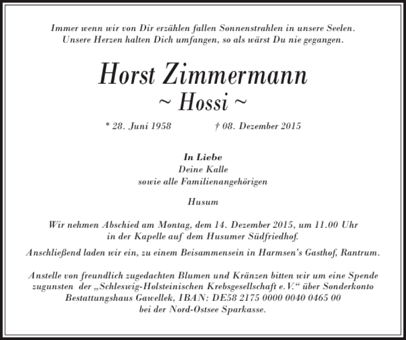  Traueranzeige für Horst Zimmermann vom 11.12.2015 aus Husumer Nachrichten