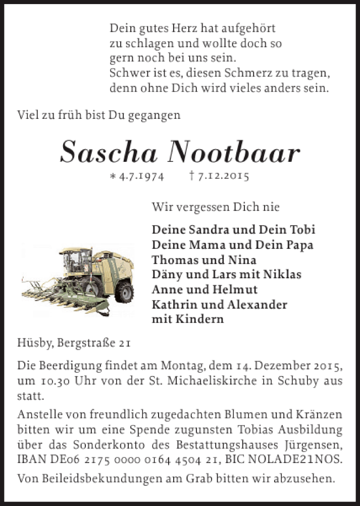  Traueranzeige für Sascha Nootbaar vom 12.12.2015 aus Schleswiger Nachrichten