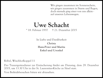 Traueranzeige von Uwe Schacht von Ostholsteiner Anzeiger