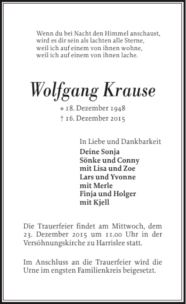  Traueranzeige für Wolfgang Krause vom 22.12.2015 aus Flensburger Tageblatt