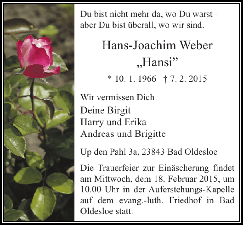  Traueranzeige für Hans-Joachim Weber Hansi vom 14.02.2015 aus Stormarner Tageblatt