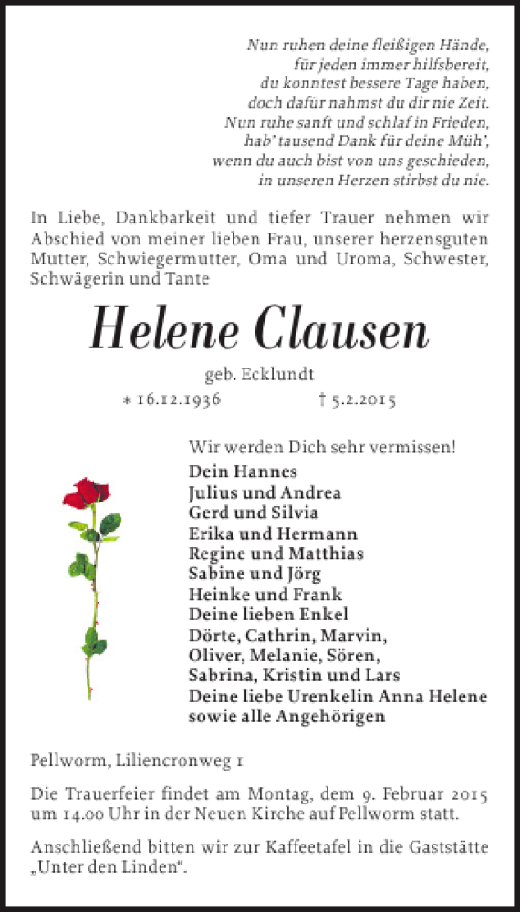  Traueranzeige für Helene Clausen vom 07.02.2015 aus Husumer Nachrichten