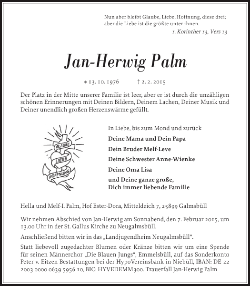  Traueranzeige für Jan-Herwig Palm vom 05.02.2015 aus Nordfriesland Tageblatt