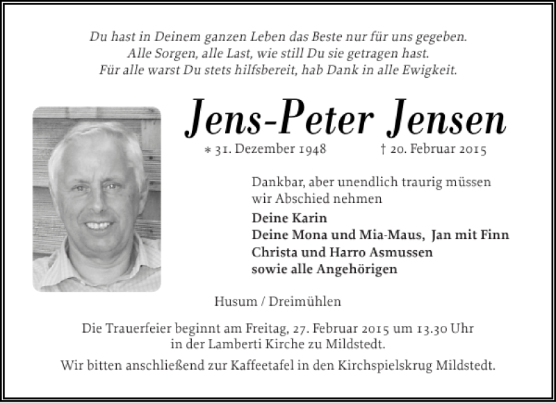  Traueranzeige für Jens-Peter Jensen vom 24.02.2015 aus Husumer Nachrichten
