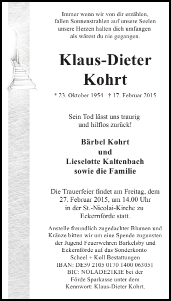  Traueranzeige für Klaus-Dieter Kohrt vom 25.02.2015 aus Eckernförder Zeitung