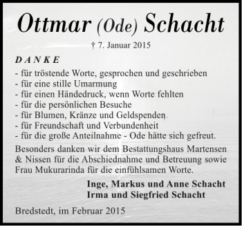 Traueranzeige von Ottmar Schacht von Husumer Nachrichten