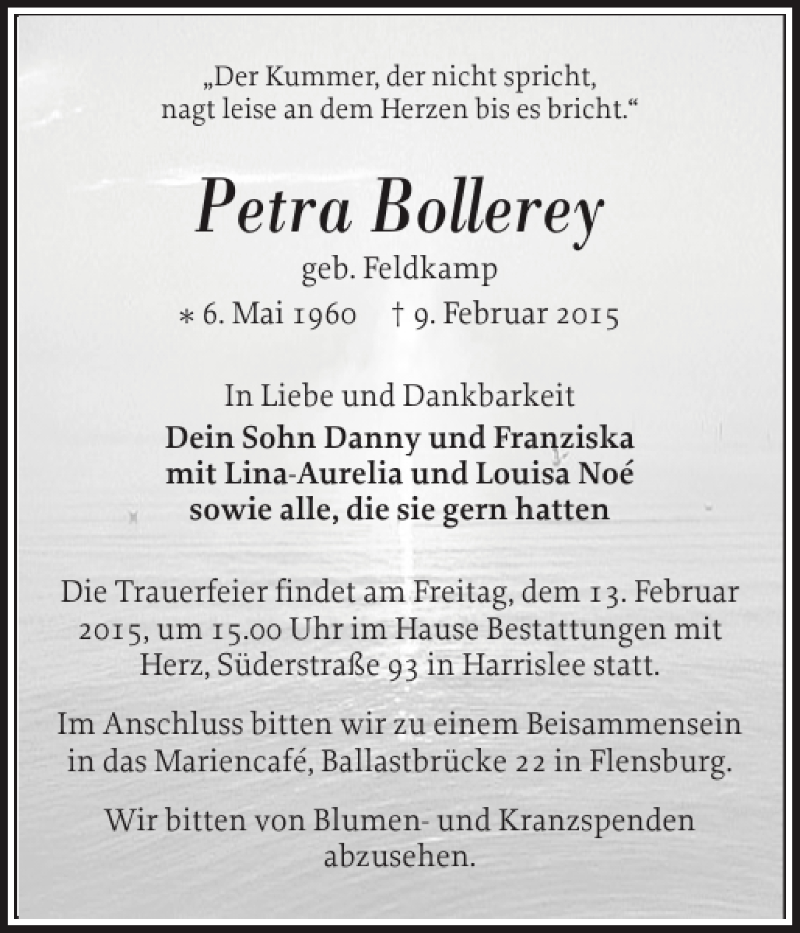  Traueranzeige für Petra Bollerey vom 11.02.2015 aus Flensburger Tageblatt