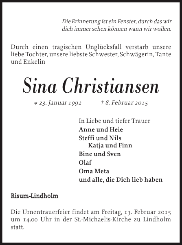  Traueranzeige für Sina Christiansen vom 11.02.2015 aus Nordfriesland Tageblatt