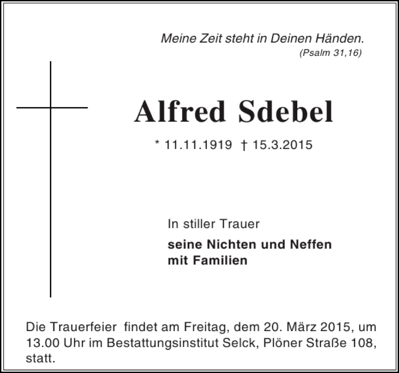  Traueranzeige für Alfred Sdebel vom 17.03.2015 aus Holsteinischer Courier