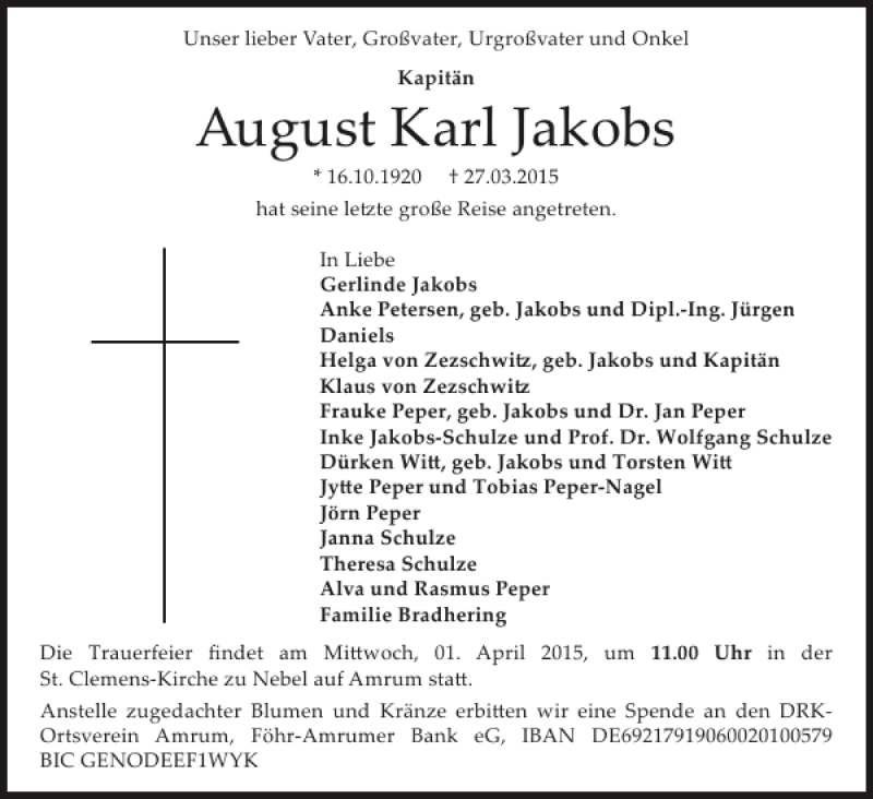  Traueranzeige für August Karl Jakobs vom 30.03.2015 aus Husumer Nachrichten