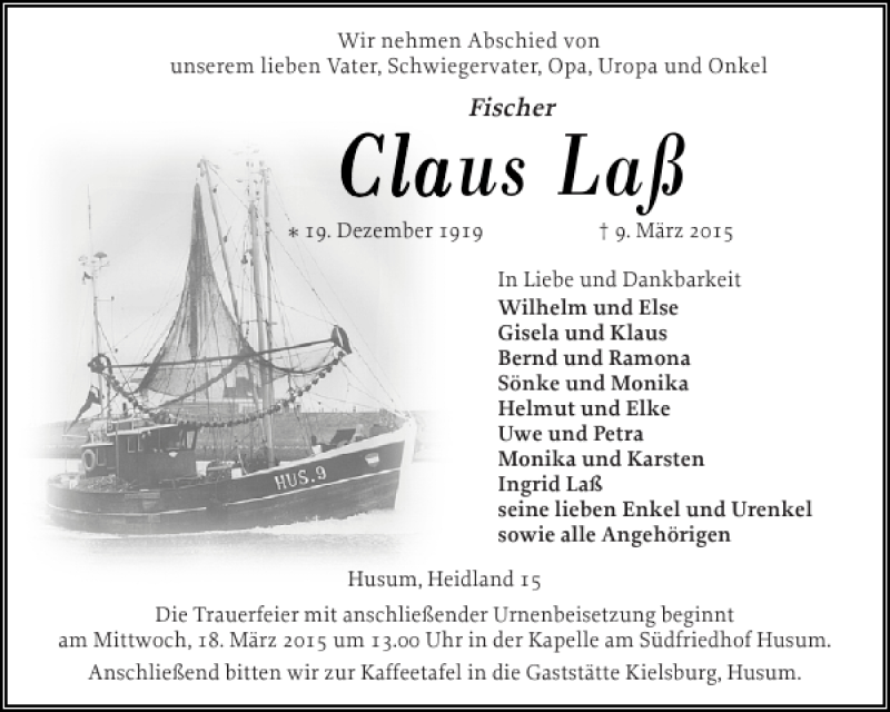  Traueranzeige für Claus Laß vom 13.03.2015 aus Husumer Nachrichten