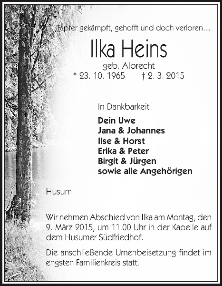  Traueranzeige für Ilka Heins vom 04.03.2015 aus Husumer Nachrichten