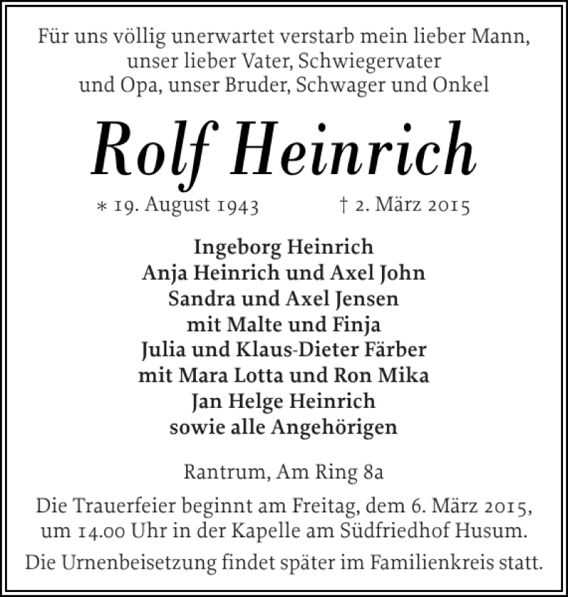  Traueranzeige für Rolf Heinrich vom 04.03.2015 aus Husumer Nachrichten