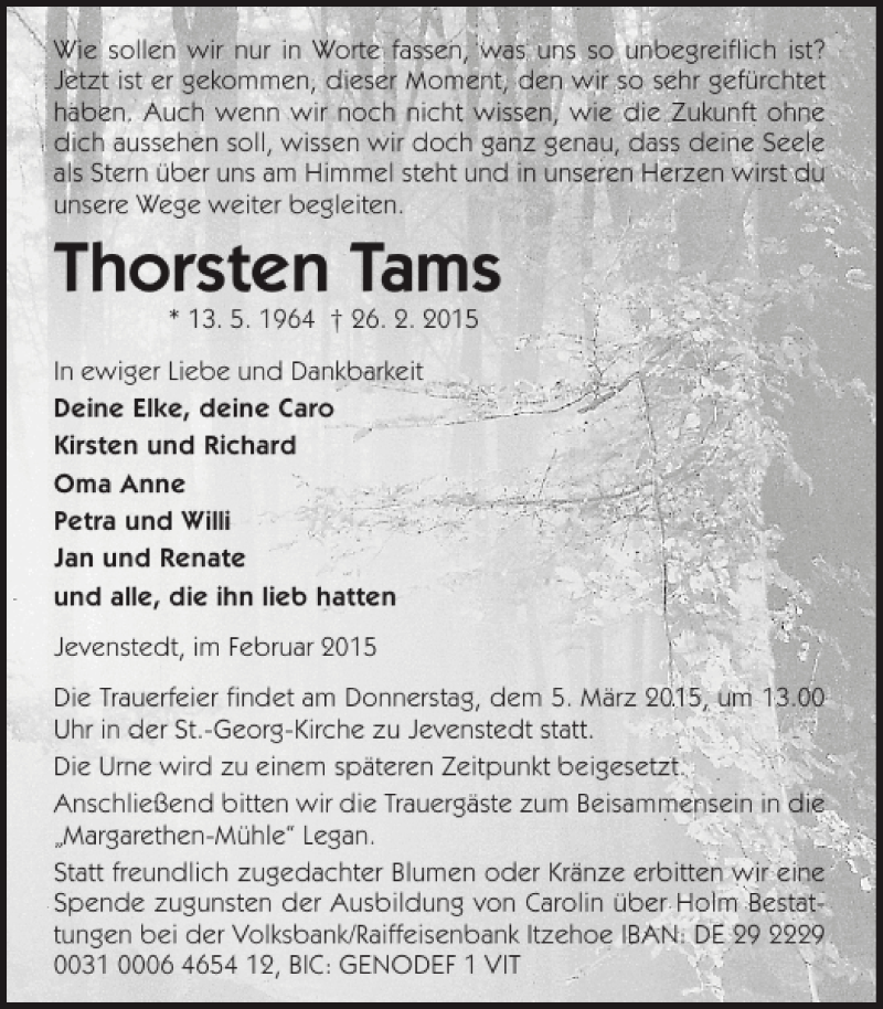  Traueranzeige für Thorsten Tams vom 02.03.2015 aus Landeszeitung