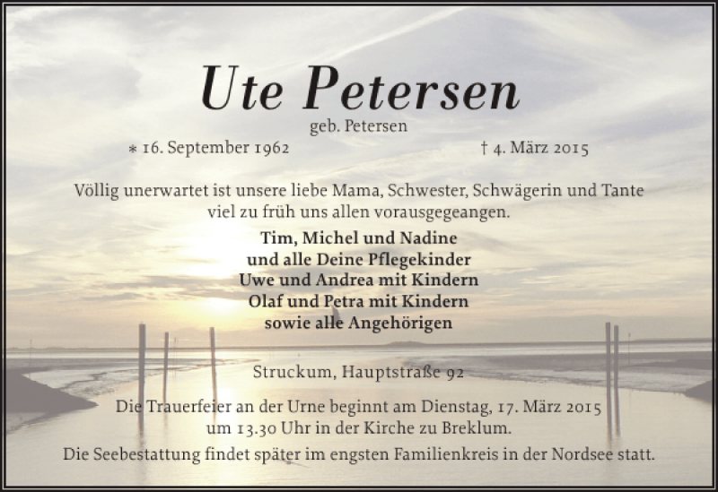  Traueranzeige für Ute Petersen vom 09.03.2015 aus Husumer Nachrichten