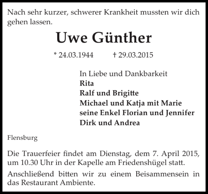  Traueranzeige für Uwe Günther vom 31.03.2015 aus Flensburger Tageblatt