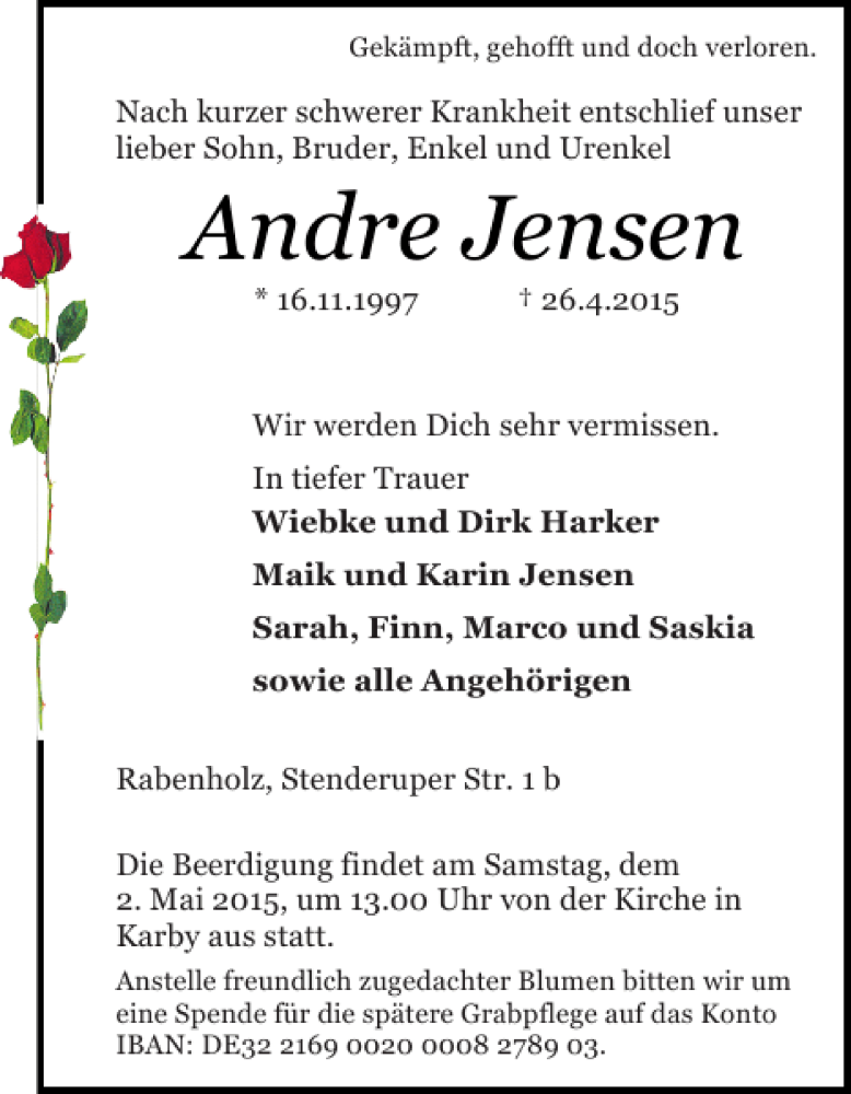  Traueranzeige für Andre Jensen vom 29.04.2015 aus Schlei-Bote