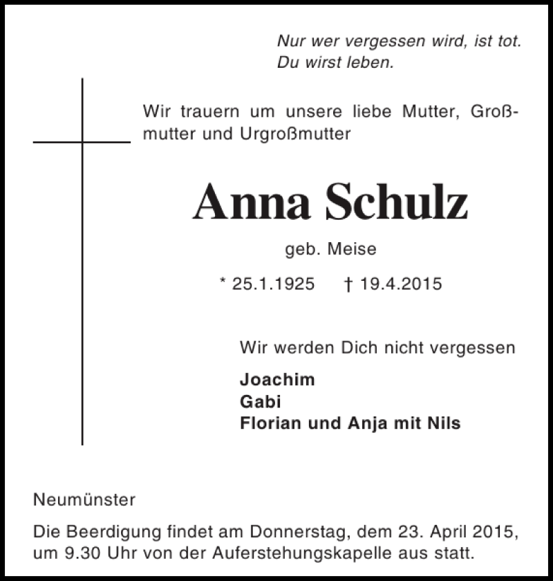  Traueranzeige für Anna Schulz vom 22.04.2015 aus Holsteinischer Courier