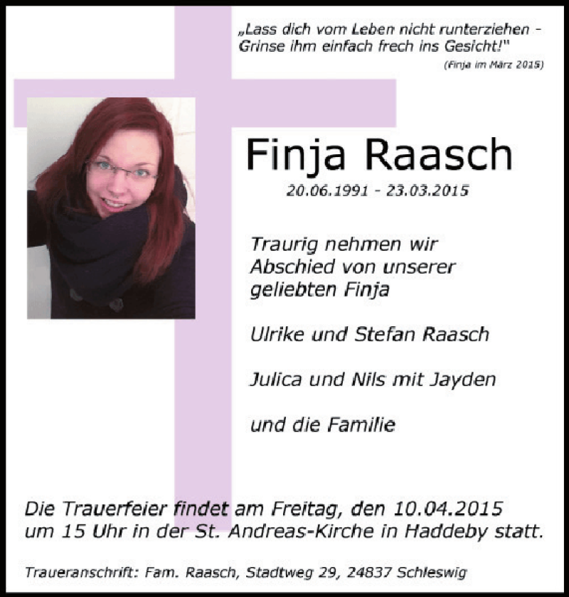  Traueranzeige für Finja Raasch vom 04.04.2015 aus Schleswiger Nachrichten