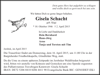 Traueranzeige von Gisela Schacht von Stormarner Tageblatt