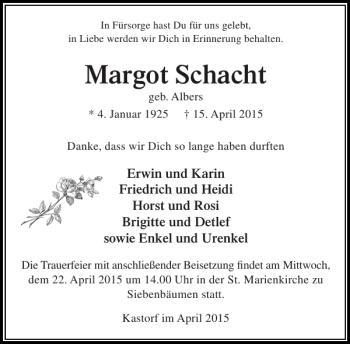 Traueranzeige von Margot Schacht von Stormarner Tageblatt