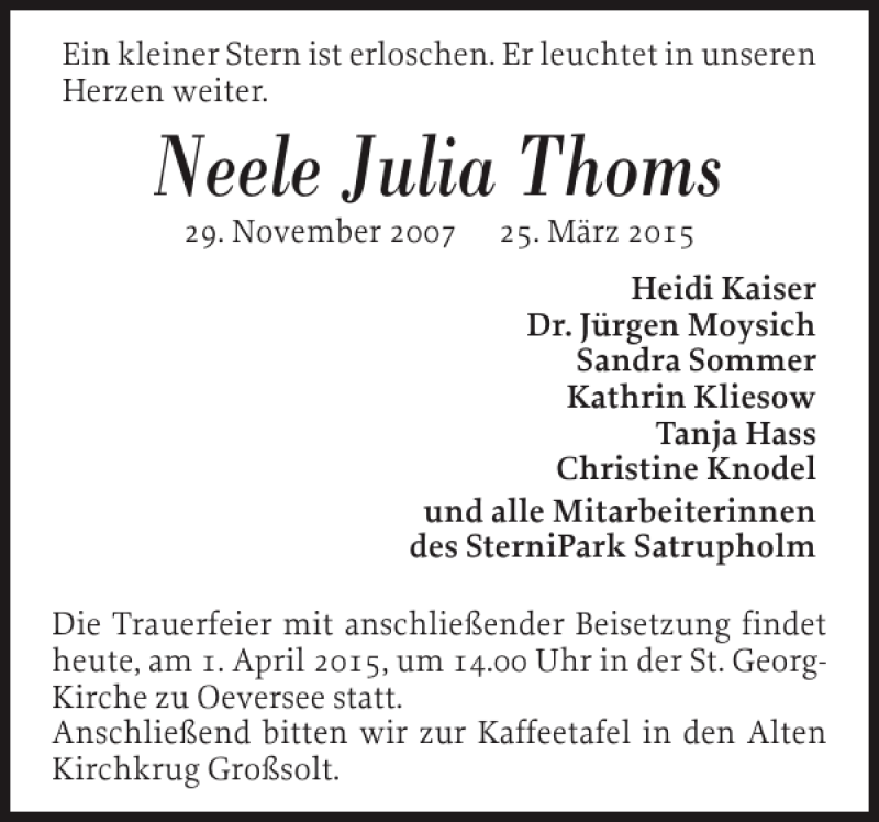  Traueranzeige für Neele Julia Thoms vom 01.04.2015 aus Flensburger Tageblatt