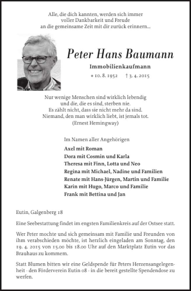  Traueranzeige für Peter Hans Baumann vom 08.04.2015 aus Ostholsteiner Anzeiger