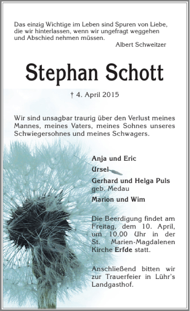  Traueranzeige für Stephan Schott vom 07.04.2015 aus Landeszeitung