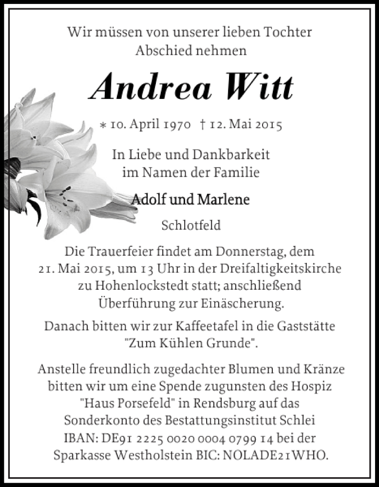  Traueranzeige für Andrea Witt vom 16.05.2015 aus Norddeutsche Rundschau