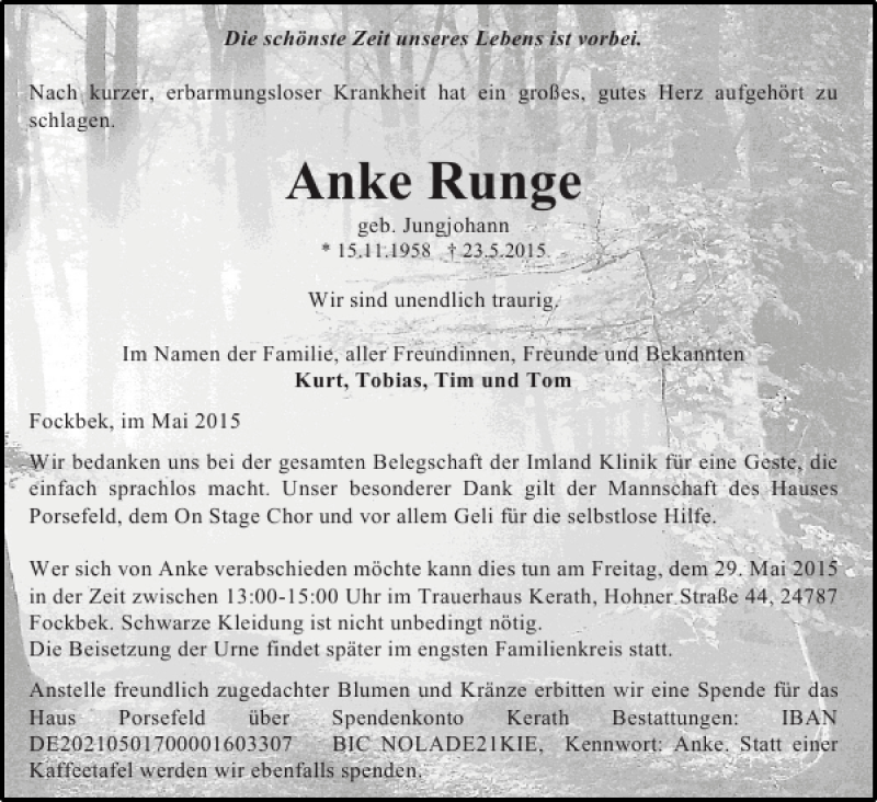  Traueranzeige für Anke Runge vom 27.05.2015 aus Landeszeitung