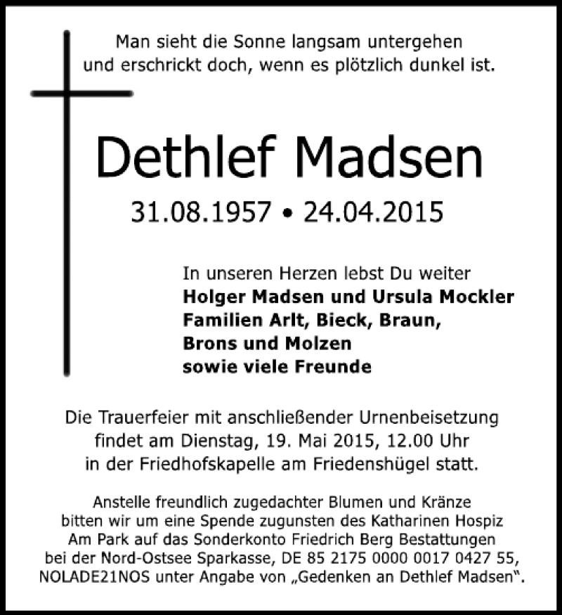  Traueranzeige für Dethlef Madsen vom 12.05.2015 aus Flensburger Tageblatt