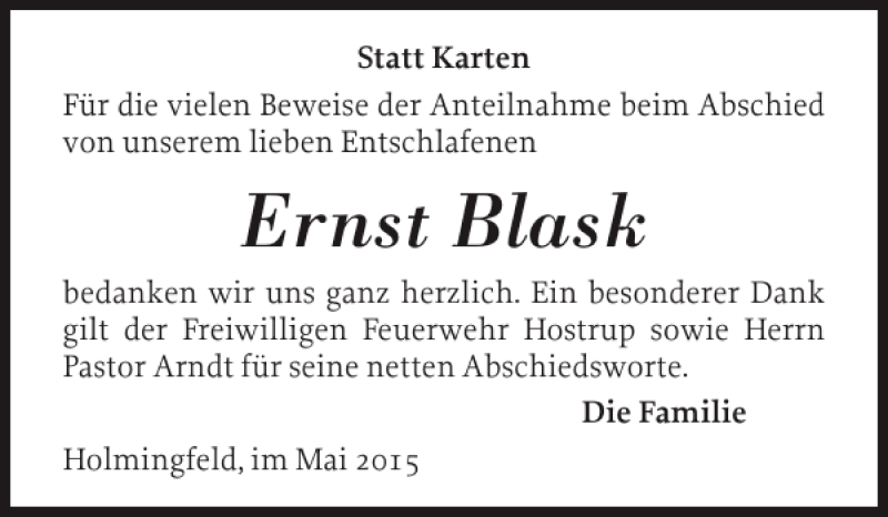  Traueranzeige für Ernst Blask vom 23.05.2015 aus Flensburger Tageblatt