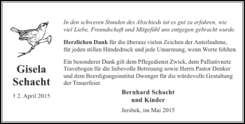 Traueranzeige von Gisela Schacht von Stormarner Tageblatt