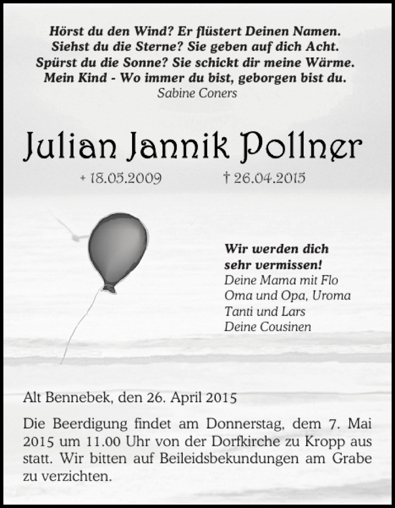  Traueranzeige für Julian Jannik Pollner vom 04.05.2015 aus Landeszeitung
