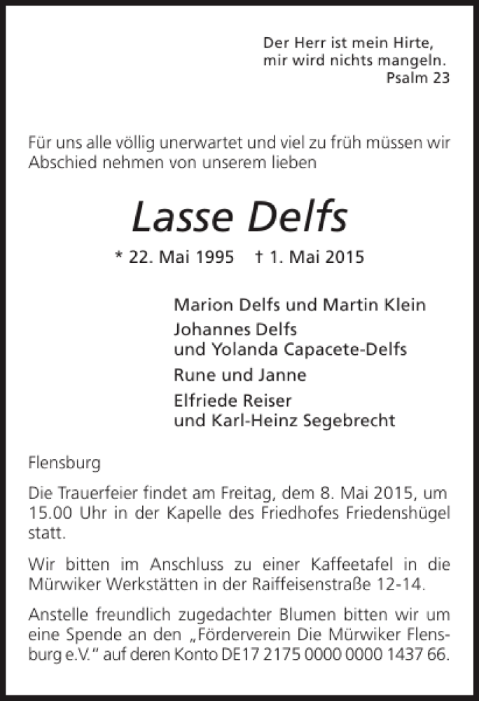  Traueranzeige für Lasse Delfs vom 04.05.2015 aus Flensburger Tageblatt