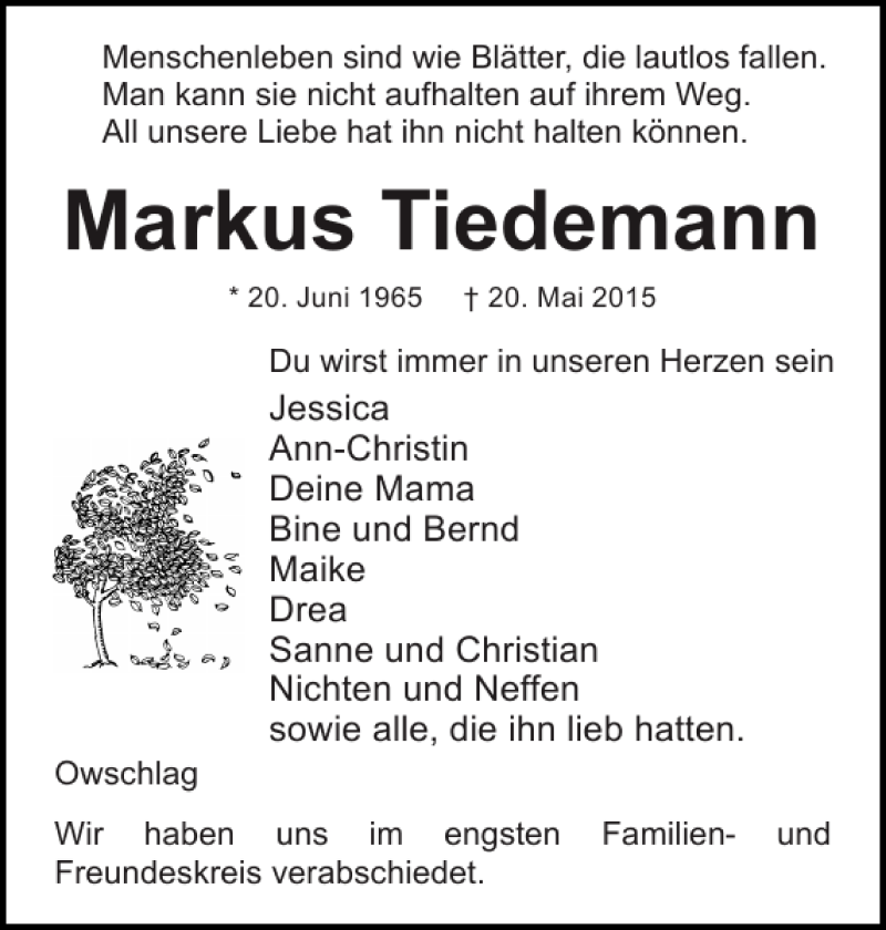  Traueranzeige für Markus Tiedemann vom 30.05.2015 aus Landeszeitung