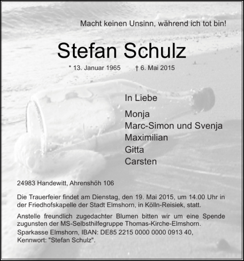  Traueranzeige für Stefan Schulz vom 13.05.2015 aus Elmshorner Nachrichten