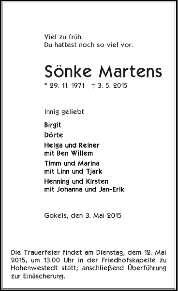  Traueranzeige für Sönke Martens vom 07.05.2015 aus Landeszeitung