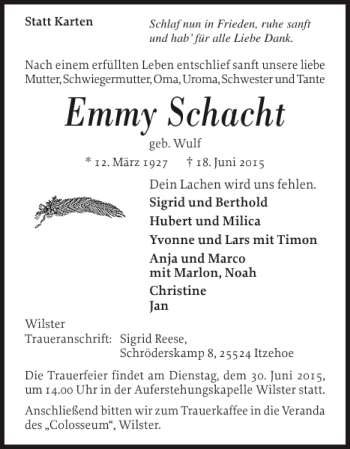 Traueranzeige von Emmy Schacht von Norddeutsche Rundschau