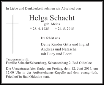 Traueranzeige von Helga Schacht von Stormarner Tageblatt
