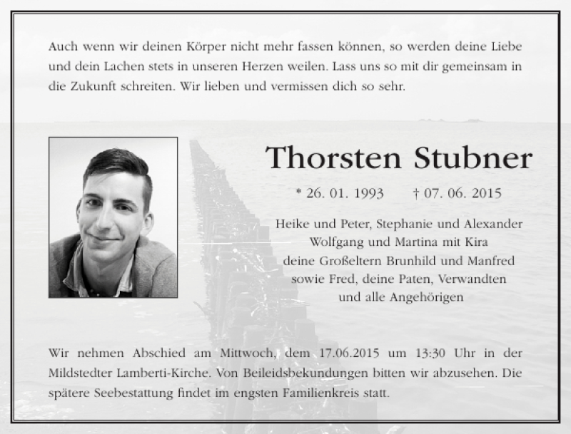  Traueranzeige für Thorsten Stubner vom 13.06.2015 aus Husumer Nachrichten