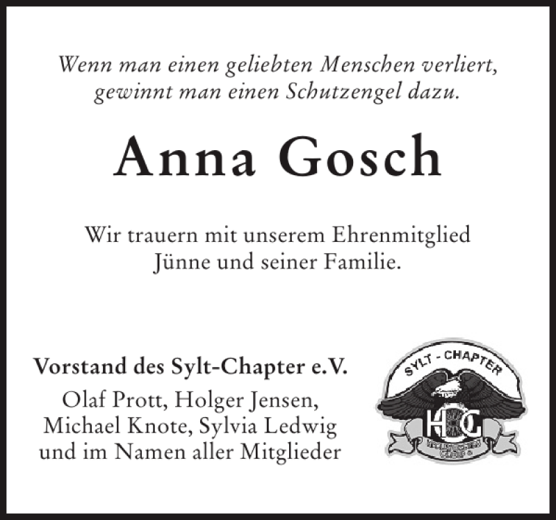  Traueranzeige für Anna Gosch vom 10.07.2015 aus Sylter Rundschau