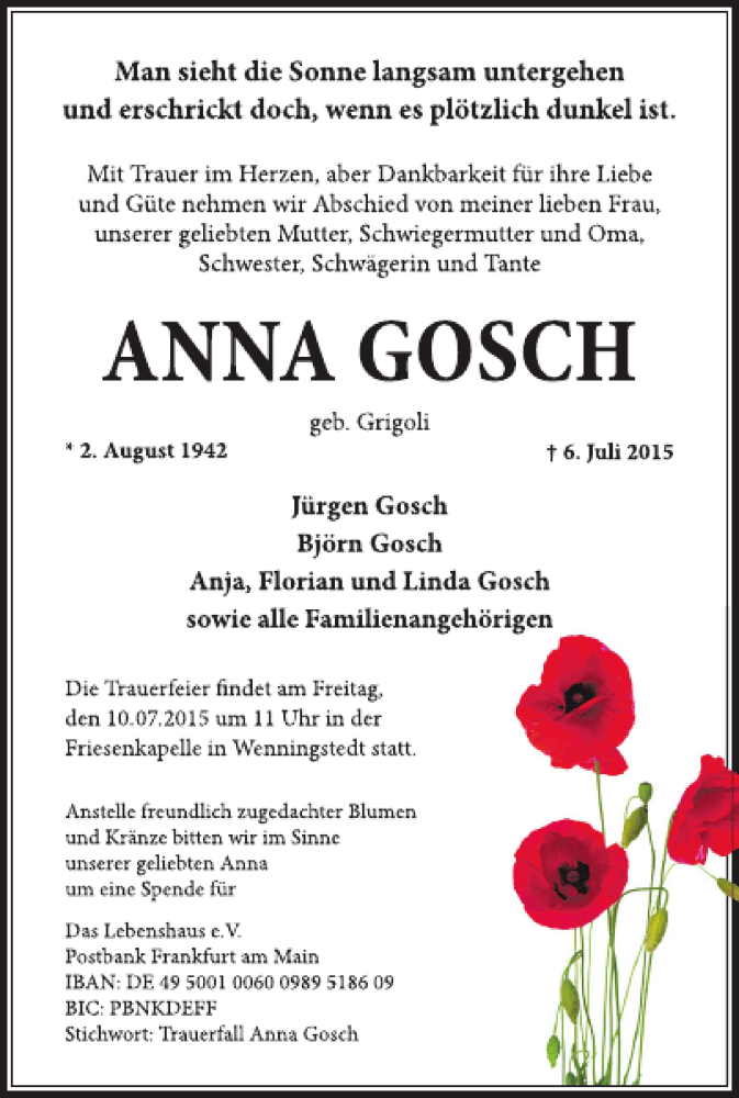  Traueranzeige für Anna Gosch vom 08.07.2015 aus Sylter Rundschau
