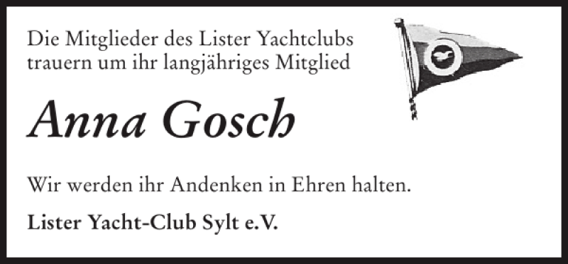  Traueranzeige für Anna Gosch vom 13.07.2015 aus Sylter Rundschau