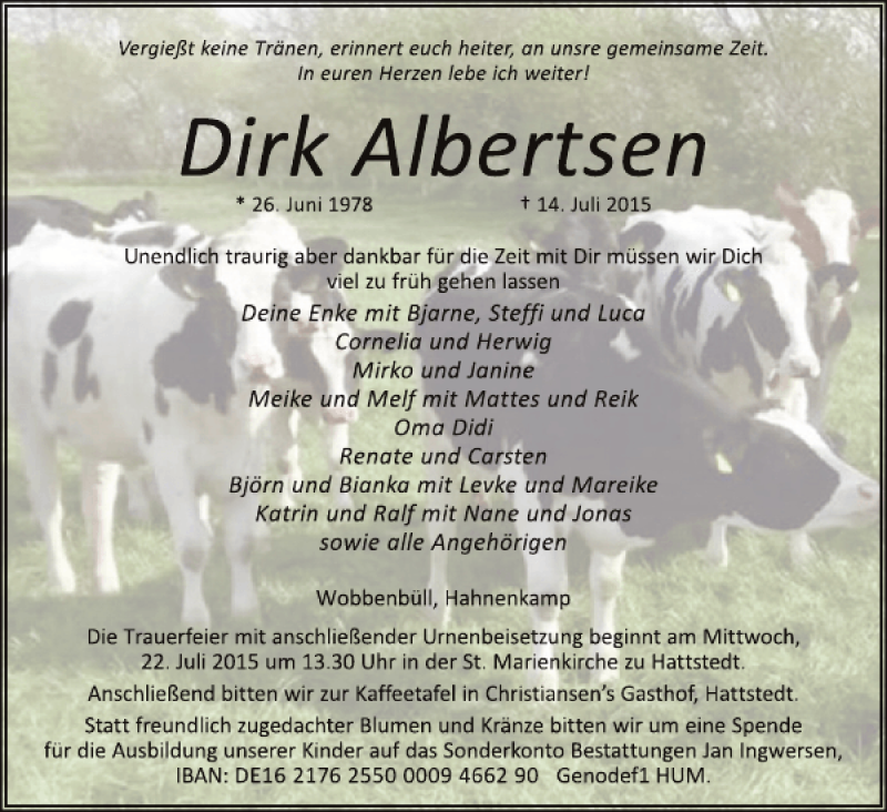  Traueranzeige für Dirk Albertsen vom 17.07.2015 aus Flensburger Tageblatt