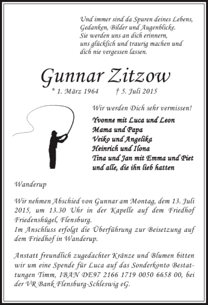  Traueranzeige für Gunnar Zitzow vom 09.07.2015 aus Flensburger Tageblatt