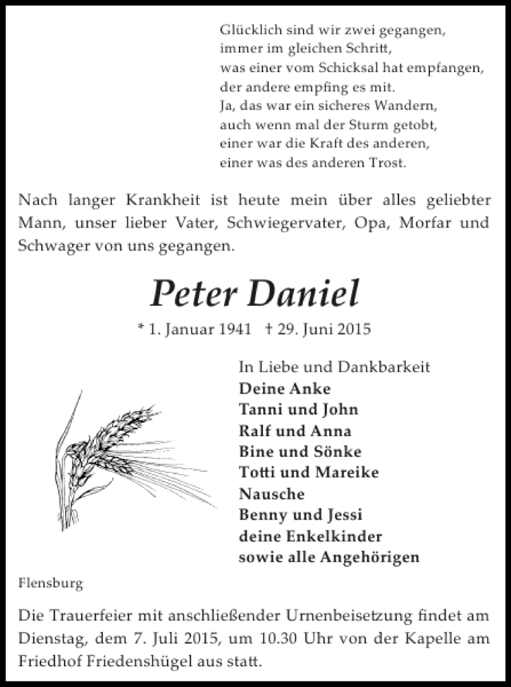  Traueranzeige für Peter Daniel vom 02.07.2015 aus Flensburger Tageblatt