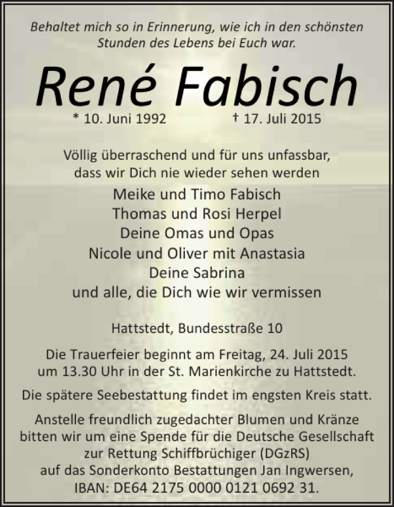  Traueranzeige für René Fabisch vom 20.07.2015 aus Husumer Nachrichten
