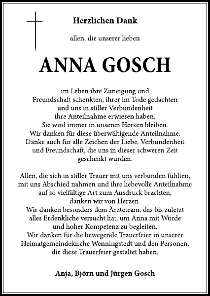  Traueranzeige für Anna Gosch vom 01.08.2015 aus Sylter Rundschau