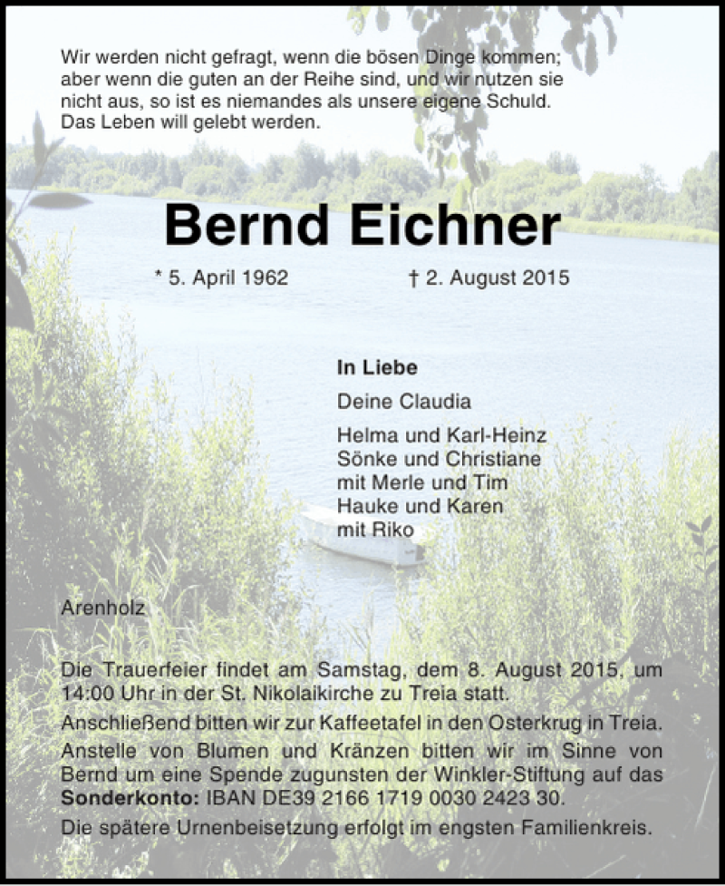 Traueranzeige für Bernd Eichner vom 05.08.2015 aus Flensburger Tageblatt